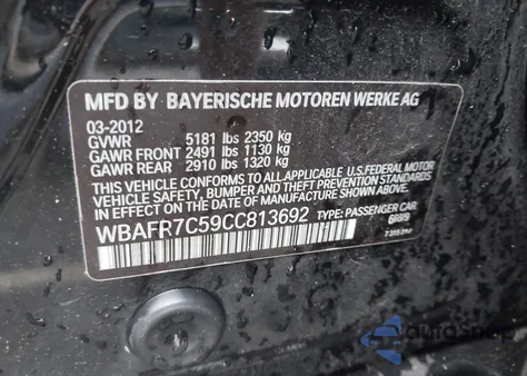 2012 BMW 535 I z USA, uszkodzony, nr VIN WBAFR7C59CC813692